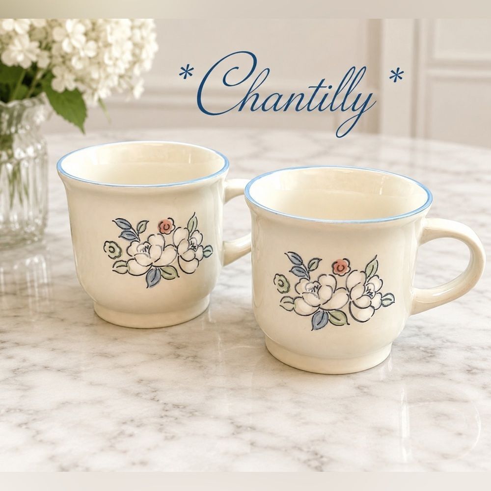 Set of 2 Chantilly Magnolia Gardenia Stoneware Coffee Teacups EUC